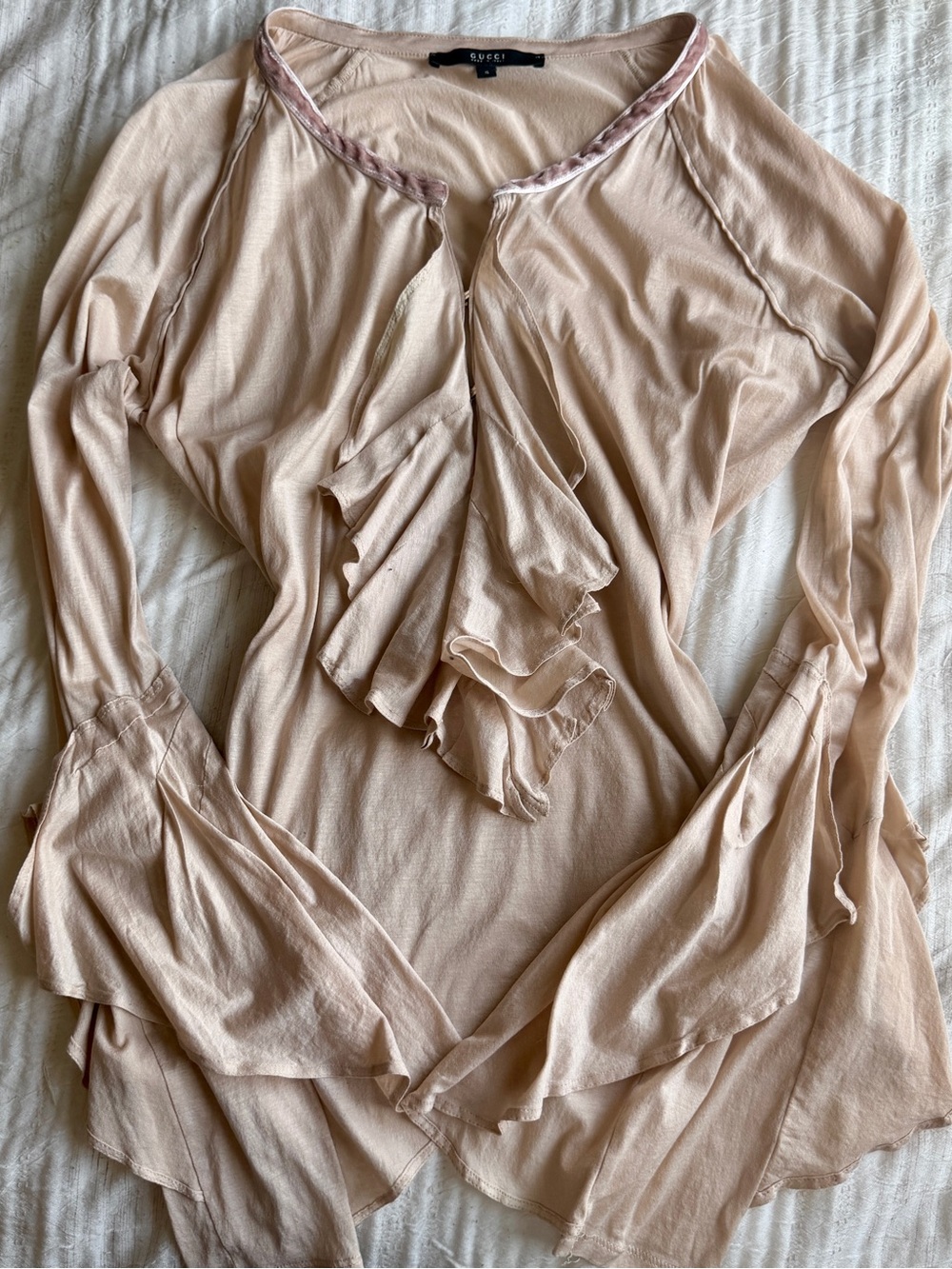 Rare S/S 2002 Gucci Tom Ford Ruffle Cutout Blouse In Cream Beige - Small - Picture 3 of 10